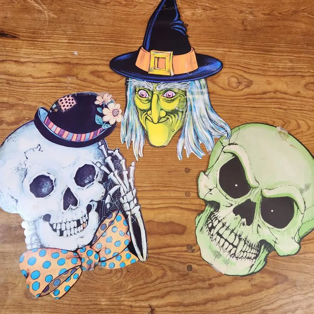 Vintage 1979 Halloween Decorations Cardboard Cutout Witch Skeleton Pumpkin USA